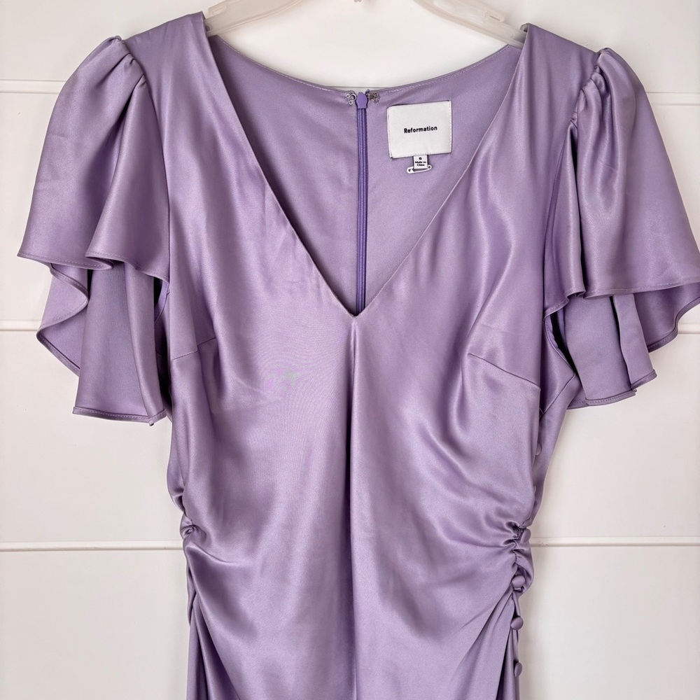 REFORMATION Vida ruffle-sleeve Satin Maxi Dress Lavender Women's Size 6 - Picture 8 of 17